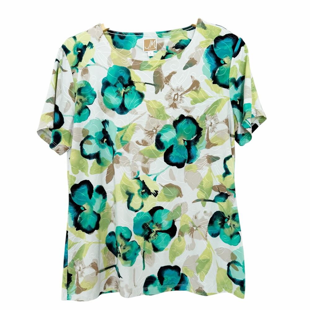 JM Collection Green Floral Short Sleeve Shirt Sz M